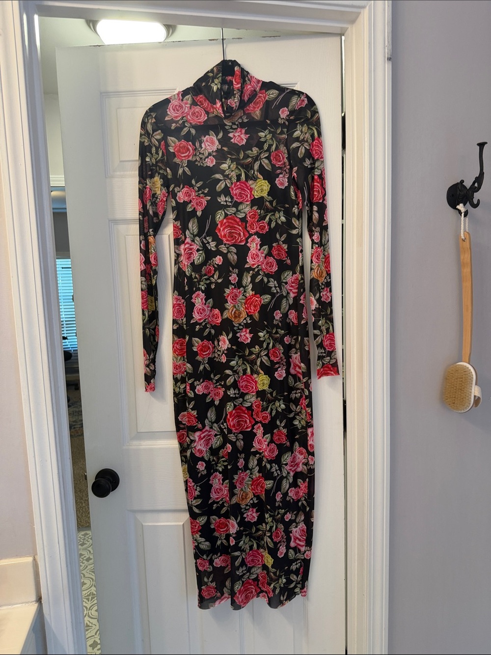 AFRM Black Floral Long-Sleeve Mesh Turtleneck Dress - Picture 1 of 3
